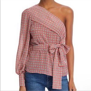 C/MEO COLLECTIVE Counting All One Shoulder Plaid Top in Cherry Check - Size M